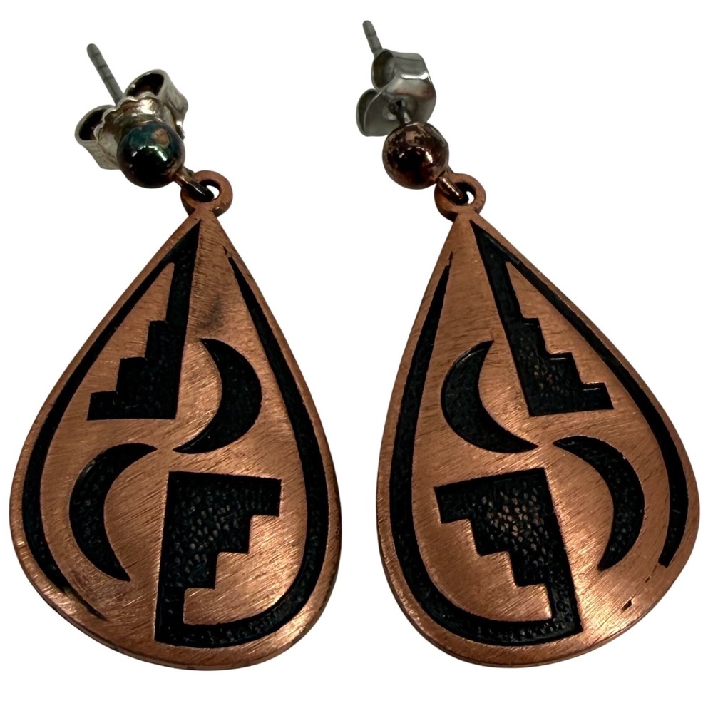 Southwestern‎ Copper Teardrop Earrings Etched Geometric Tribal Post Backs